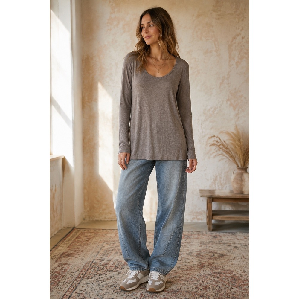 White + Warren Womens Large Taupe Heather Scoop Neck Long Sleeve Jersey Top F110